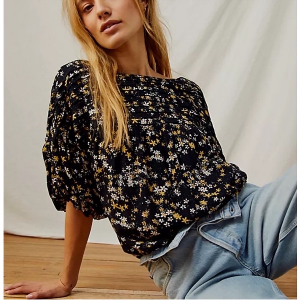 Free People Floral Print Black Bodysuit